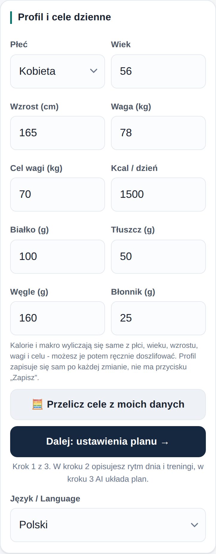 Profil i cele dzienne: kobieta, 56 lat