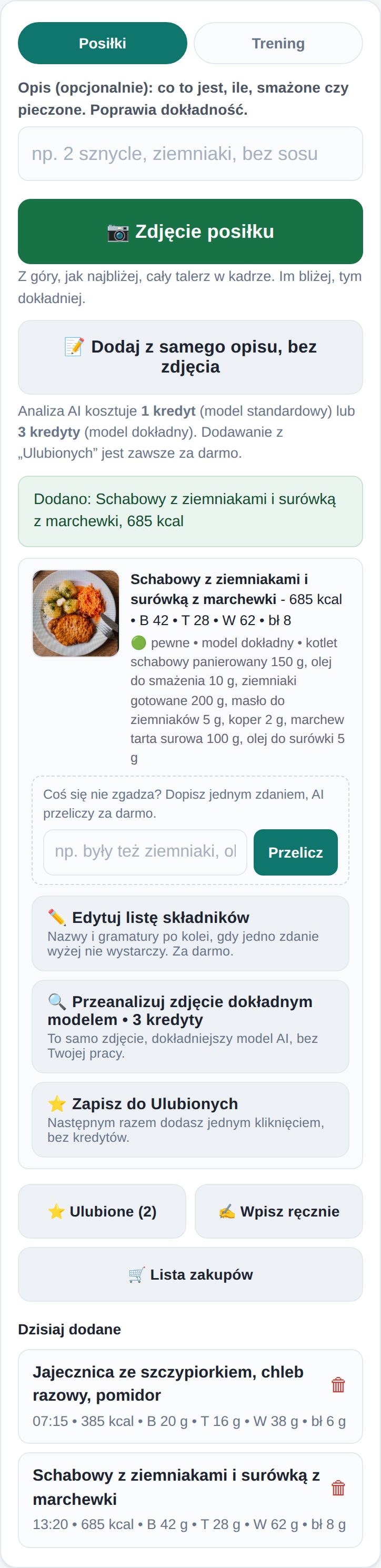 Dodawanie posiłku